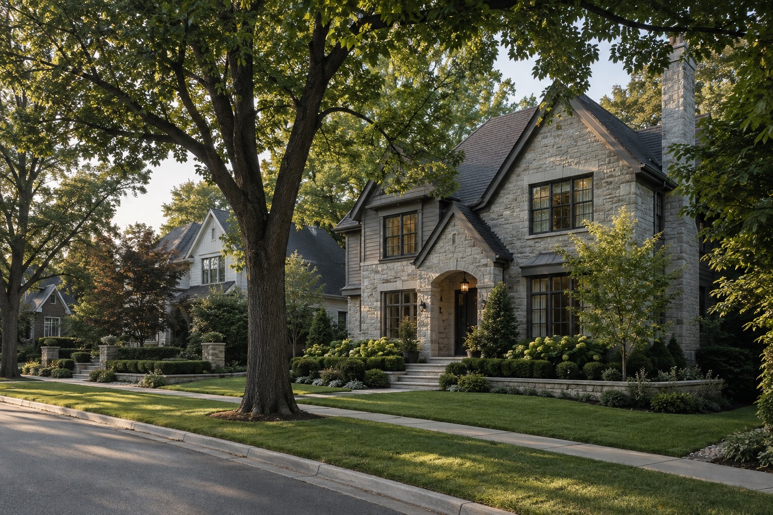 Tree-lined residential neighborhood with traditional North American homes